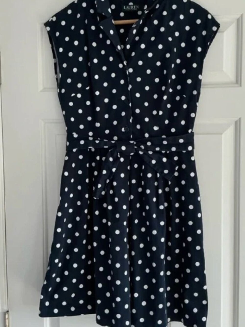 Ralph Lauren Women’s Navy Polka Dot Dress – Size 8 Petite – Belted Shirt Dress